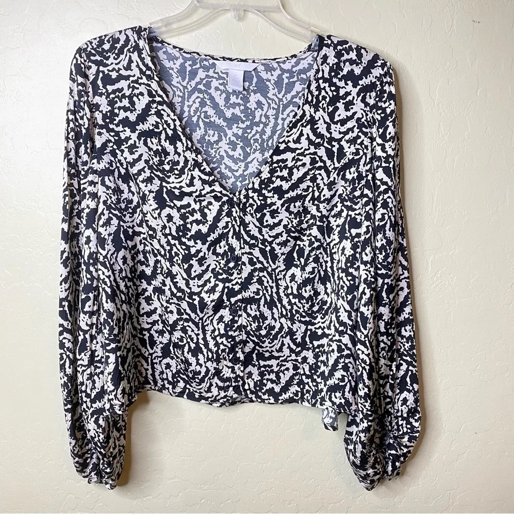 H&M Black & Cream Patterned Blouse Top Nwot Size Large L